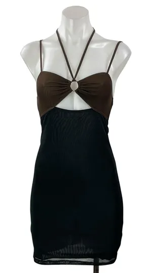 NEW Motel Rocks Women's Brown Black Sleeveless Cami Halter Bodycon Mini Dress S thumbnail 1