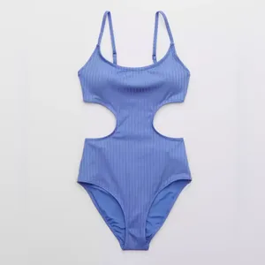 Aerie Ribbed Shine Side Scoop One Piece Swimsuit in Baja Blue Size Large NWT thumbnail 4