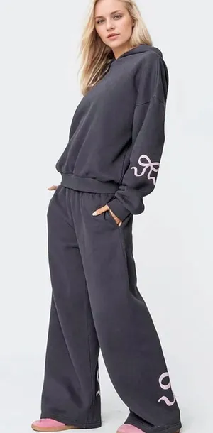 Edikted Pink Bow Matching Set Dark Grey Hoodie & Wide Leg Sweatpants Coquette thumbnail 1