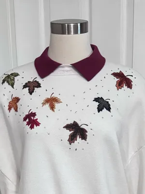 Vintage Fall Leaf Sweatshirt 90s Embellished Collar White Burgundy XL thumbnail 5