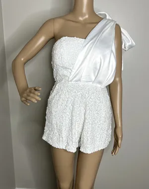 Bella & Bloom Sequin Satin Shoulder Tie Romper White Size M thumbnail 1