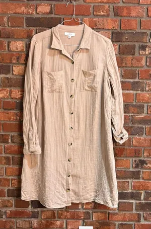 New Directions womens cotton crinkle gauze button up shirt dress khaki XL thumbnail 1