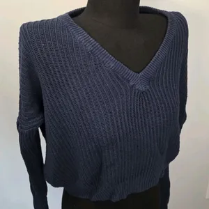 Brandy Melville Cotton Navy Blue Ribbed Cropped V Neck Pullover Sweater One Size thumbnail 1