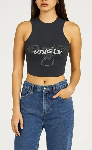 Boys Lie Tank Top One Size Black Bat Ribbed Crop Studded Gothic Y2K Streetwear thumbnail 1