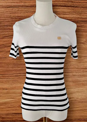 Zara Ribbed Knit Jersey T-shirt w/ Stripes & Brooch Short Sleeve MEDIUM thumbnail 1