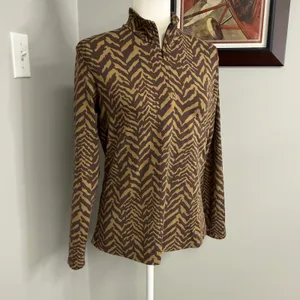 J.McLaughlin Zebra Print Quarter Zip Mock Neck Top Brown Tan Large thumbnail 2