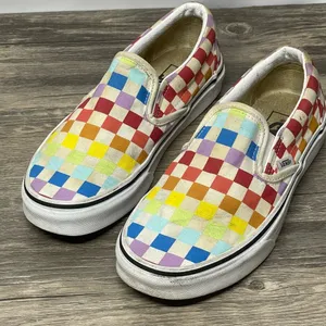 Vans Rainbow Checkerboard Classic Slip-On Sneakers 500714 Canvas Multi 6W thumbnail 1