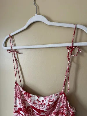 Reformation Sarah Red & Cream Los Angeles LA Printed Spaghetti-Strap Mini Dress thumbnail 5