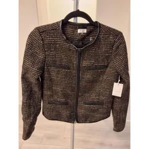 Ecru Size S Womens Zip Up Tweed Jacket with Leather Trim NWT Vintage Look thumbnail 1