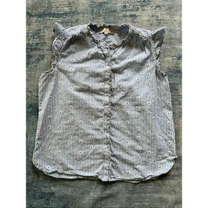 Loft Blue White Stripe Daisy Ruffle Button Front Top Women's Medium thumbnail 5