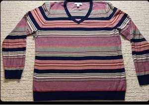 Kim Rogers Sweater‎ Womens XL Multicolor Striped V-Neck Cotton Pullover thumbnail 1