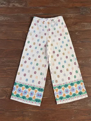 Maison d'Amélie Wide Leg Ankle Cropped Pants Floral Border Pockets Size M 💛🍄 thumbnail 3