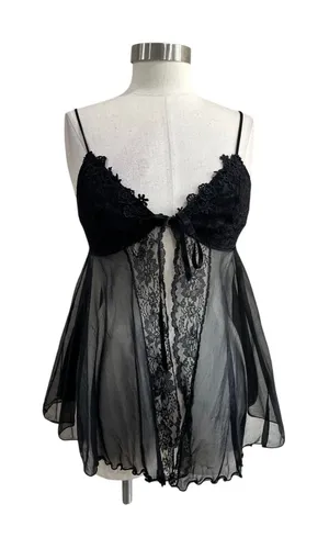 Source Unknown Black Sheer Lace Babydoll Lingerie Vintage Y2K Tie Front Size‎ M thumbnail 1