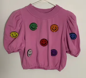 Queen of Sparkles 3D Beaded Smiley Poof Bubble Crop Top pink‎ small thumbnail 1