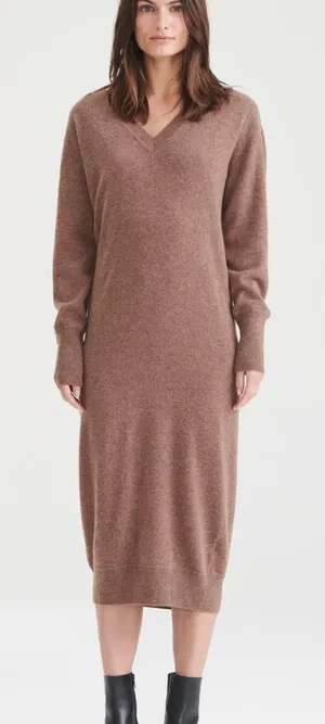 NAADAM Signature Cashmere‎ V-Neck Midi Dress Latte Brown Medium thumbnail 1