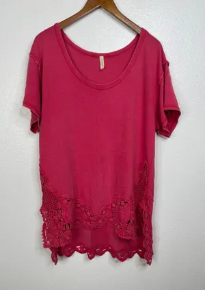 Free People Pink‎ Crochet Lace Trim Short Sleeve Boho Knit Top Women Medium thumbnail 1