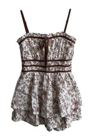 Francesca's Floral Romper Womens Medium White Brown Cottagecore Tiered‎ Ruffle thumbnail 1