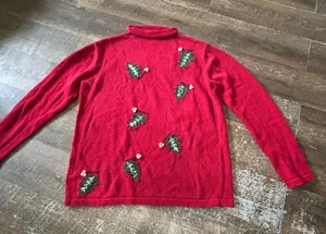 Coldwater Creek Red Holly Berry Embroidered Roll Neck Sweater Womens Large L thumbnail 1