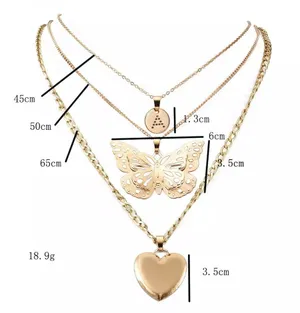 Boutique Letter A Hollowed Butterfly Heart Pendant Multilayered Chain Necklace thumbnail 5