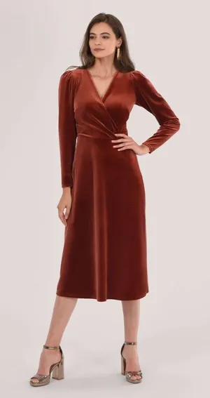 Closet London Rust Velvet Midi Dress‎ Long Sleeve Faux Wrap Size 8 thumbnail 1