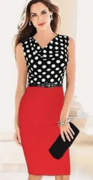 Yisijnet‎ Women's Sleeveless Dress Black White Polka Dots Red Skirt Cowl Neck thumbnail 1