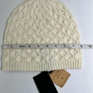 Frye White Cable Knit Beanie Hat Leather Logo Patch One Size thumbnail 9