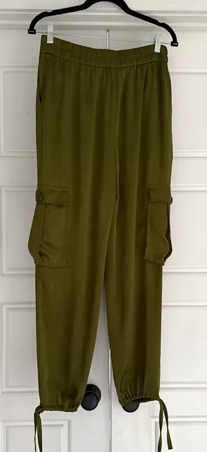Open Edit Tie Detail Satin Cargo Pants Olive Green - small thumbnail 1