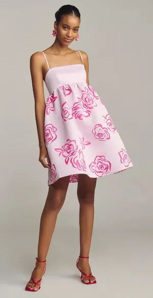 BNWT Maeve Baby Pink Hot Pink Rose Printed Babydoll Mini Dress thumbnail 1