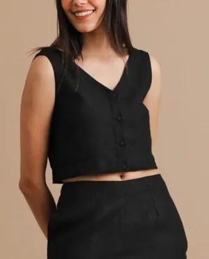 Turn Black Womens Linen Relaxed Crop Top XXL Black Minimal Organic Earthy Indie thumbnail 1