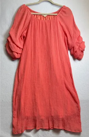 Indigo Rose Women Coral Pink Crinkle Gauze Ruffle Sleeve Shift Dress XL thumbnail 1