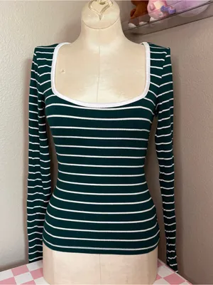 Riley daisy green preppy stripped long sleeve casual everyday y2k white XS thumbnail 2