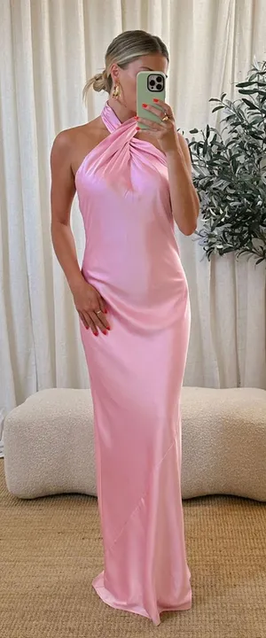 Show Me Your Mumu Jasmine Halter Maxi Dress Light Pink Luxe Satin Size Medium thumbnail 1