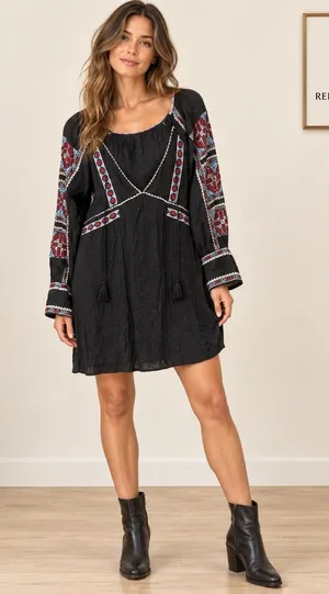 Free People Black Embroidered Mini Dress V-Neck Tassel Boho Gauze Womens Medium thumbnail 1