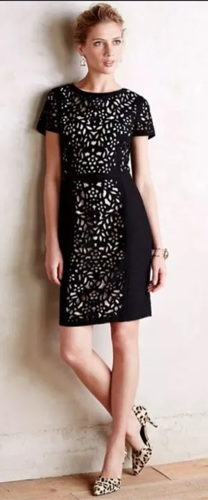 Anthropologie Maeve | Lasercut‎ Basalt Sheath Black Dress Short Sleeve Size 10 thumbnail 1