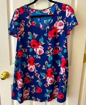 Short sleeve floral mini dress women’s size small blue, pink, and red, roses thumbnail 1
