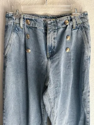 ZARA High Rise Sailor Button Wide Leg Jeans Raw Hem Light Wash US 6 thumbnail 4
