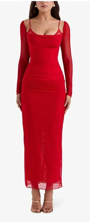 House Of CB Katarina Dress Womens XS Red Mesh Ruched Long Bodycon Maxi Party thumbnail 1
