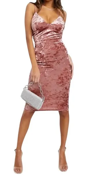 Club L London Pink Crushed Velvet Cami Midi strapless kentucky derby Party Dress thumbnail 1