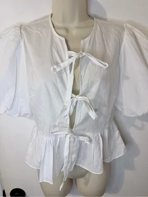 Playa Lucila White Puff Sleeve Peplum Tie Front Blouse S thumbnail 5