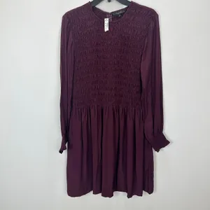 Madewell Long-Sleeve Smocked Mini Dress Dark Pomegranate Crepe Large NWT thumbnail 7
