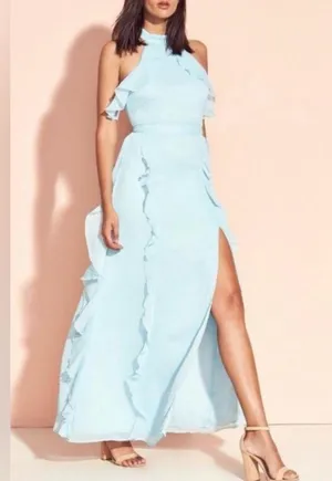 NWT Lovers + Friends Ruffle Halter Maxi Dress Baby Blue XS thumbnail 1