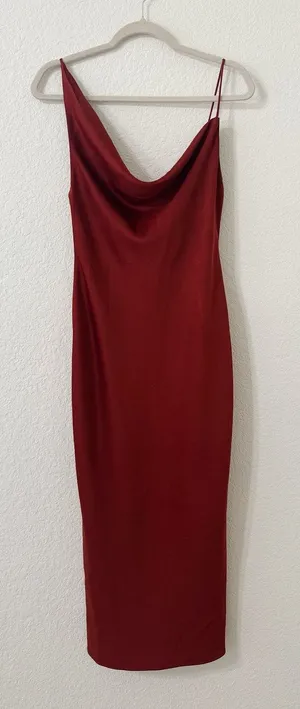 BHLDN Rust Asymmetrical Cowl Neck Satin Midi Bridesmaid Dress Size 6 thumbnail 1