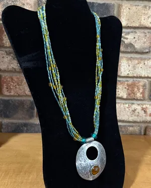 Vintage Blue, Amber, and Yellow seed bead 6 strand medallion southwest necklace thumbnail 4