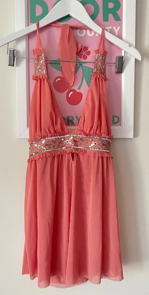 Vintage Y2K Two-G Mesh Halter Cami Going Out Tank Top McBling Sequin Embellished thumbnail 1