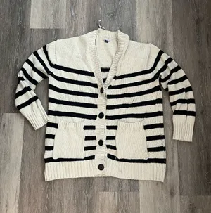 American Eagle Cardigan Womens Medium Ivory Black Striped Knit Shawl Collar thumbnail 1