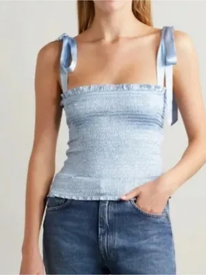 Reformation Silk Pina Smocked Top In Horizon Baby Blue Large thumbnail 1