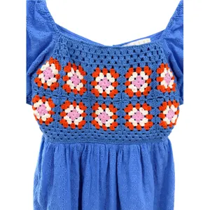 Karlie Blue Cotton Eyelet Crochet Granny Square Puff Sleeve Mini Dress S Cottage thumbnail 3