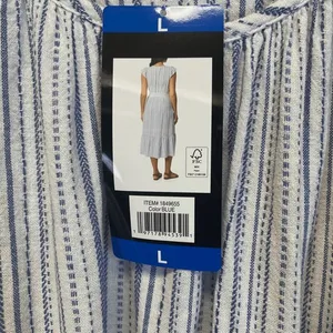 BRIGGS Linen Blend Midi Dress L Blue Striped Flutter Sleeve Belted NWT Coastal thumbnail 3