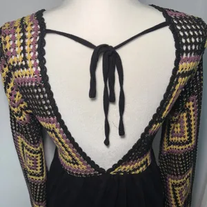 ASOS Design Crochet Granny Square Black Mini Dress Open Back Sz 6 Boho Festival thumbnail 6