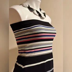 White House Black Market strapless Black Multi Color Stripes Slits Both Side SZ thumbnail 3